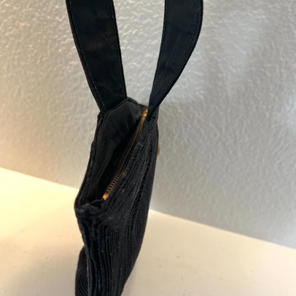 1940's Black Wristlet Purse - Small Boho Vintage - Cording Style Fabric - Picture 9 of 11